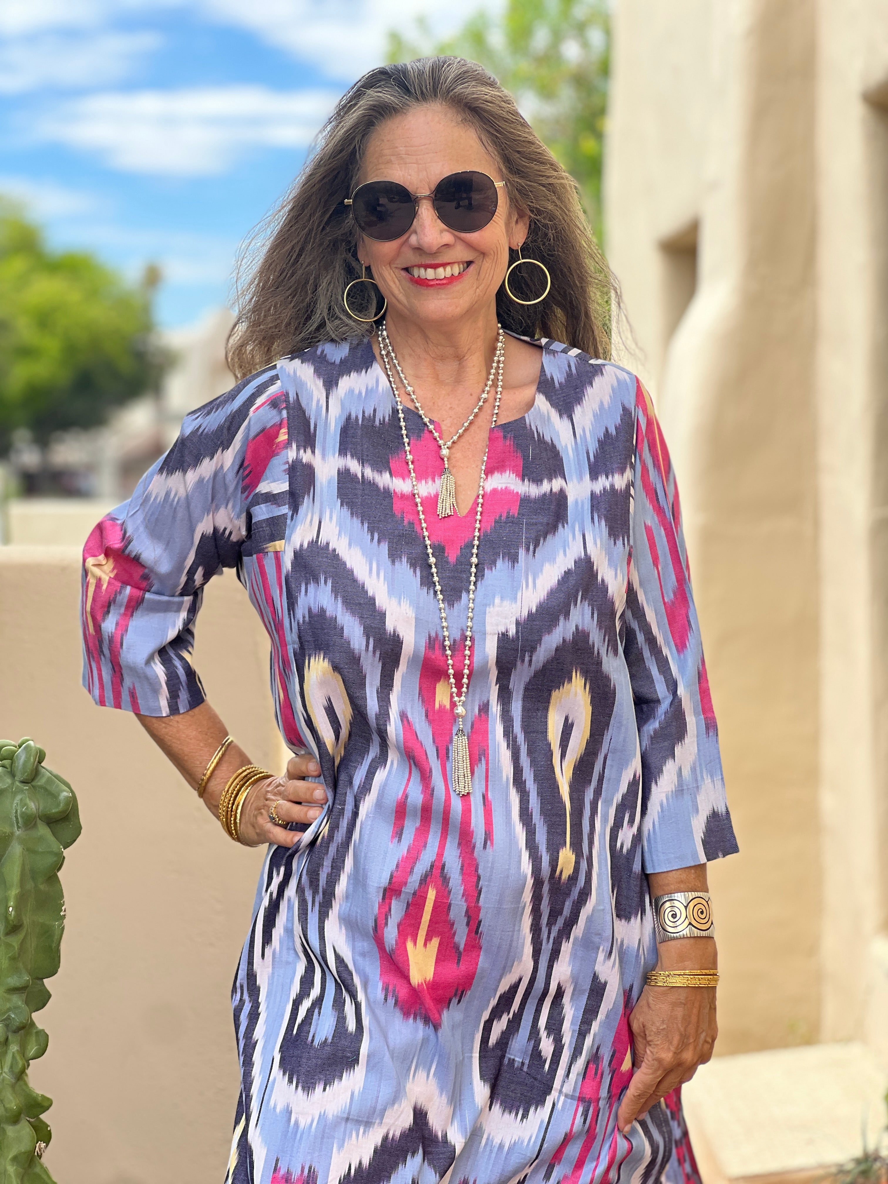 Andijan Pink and Azzurro Ikat Long Cotton Tunic Only One Available
