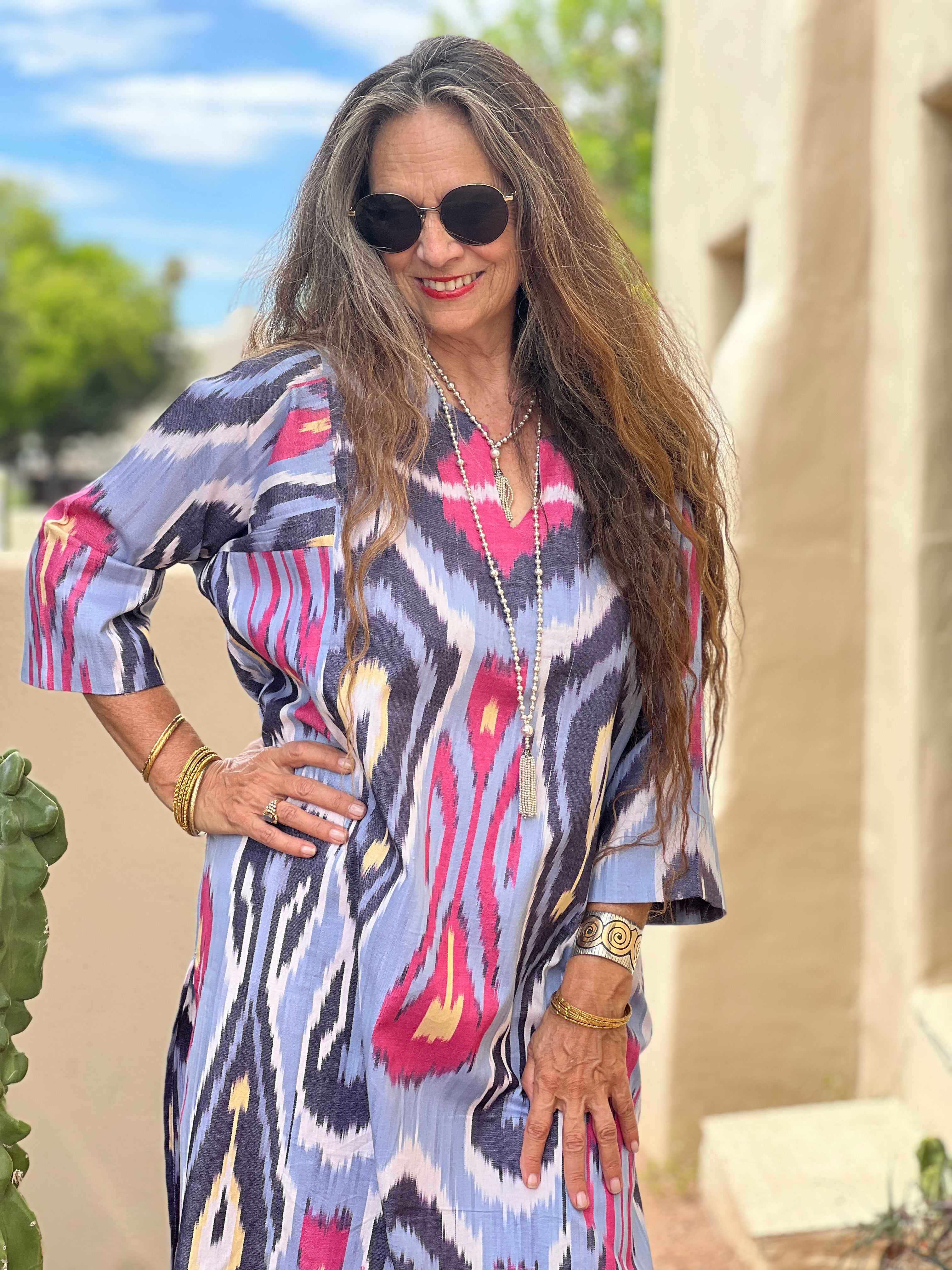 Andijan Pink and Azzurro Ikat Long Cotton Tunic Only One Available