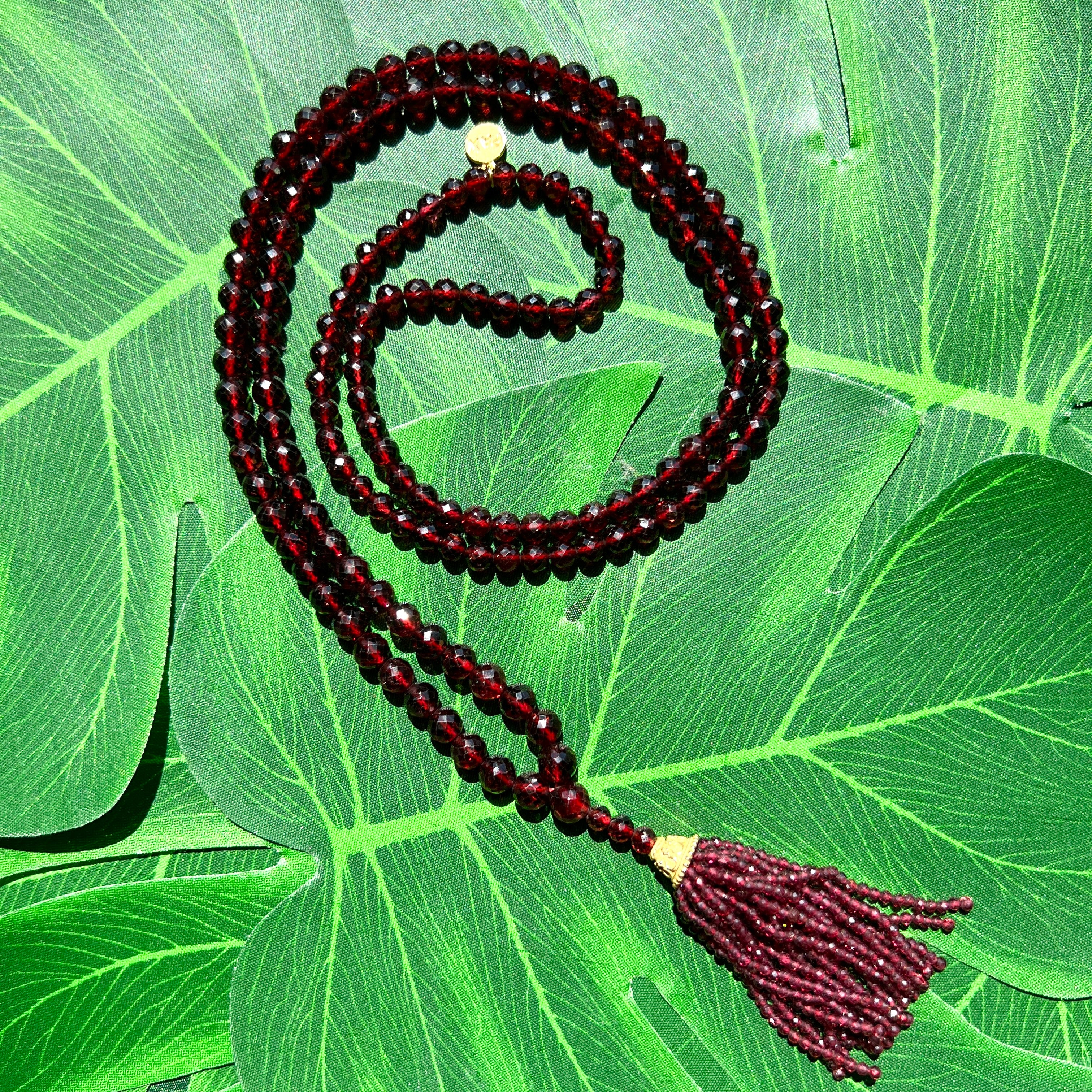 Pyrope Garnet Faceted Tassel Mala Necklace with 18kt Gold