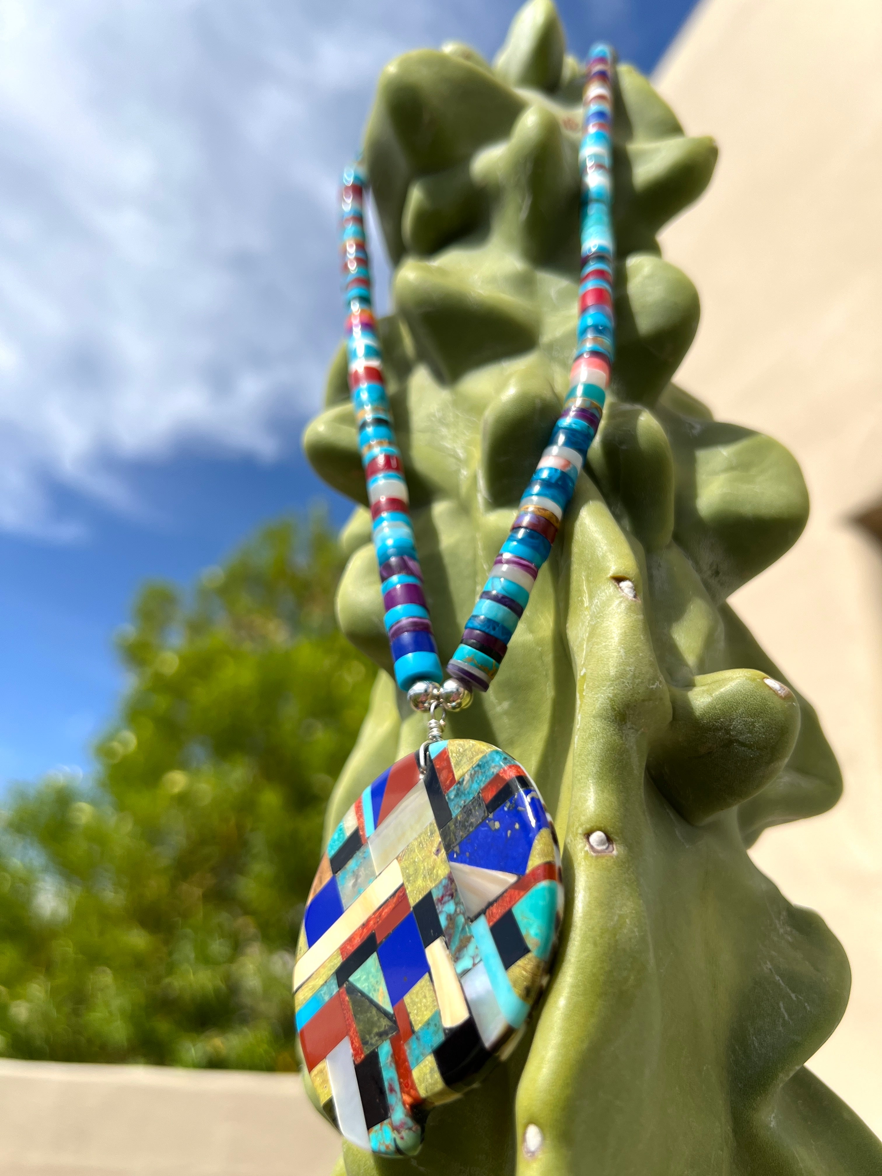 Mosaic Inlay Turquoise Multi Stone Inlay Pendant Necklace Santo Domingo