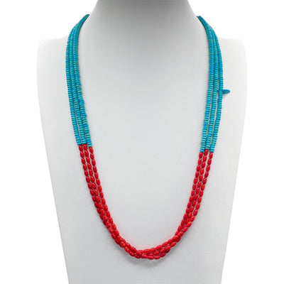 Coral and Turquoise Necklace Three Strand Heishi Necklace
