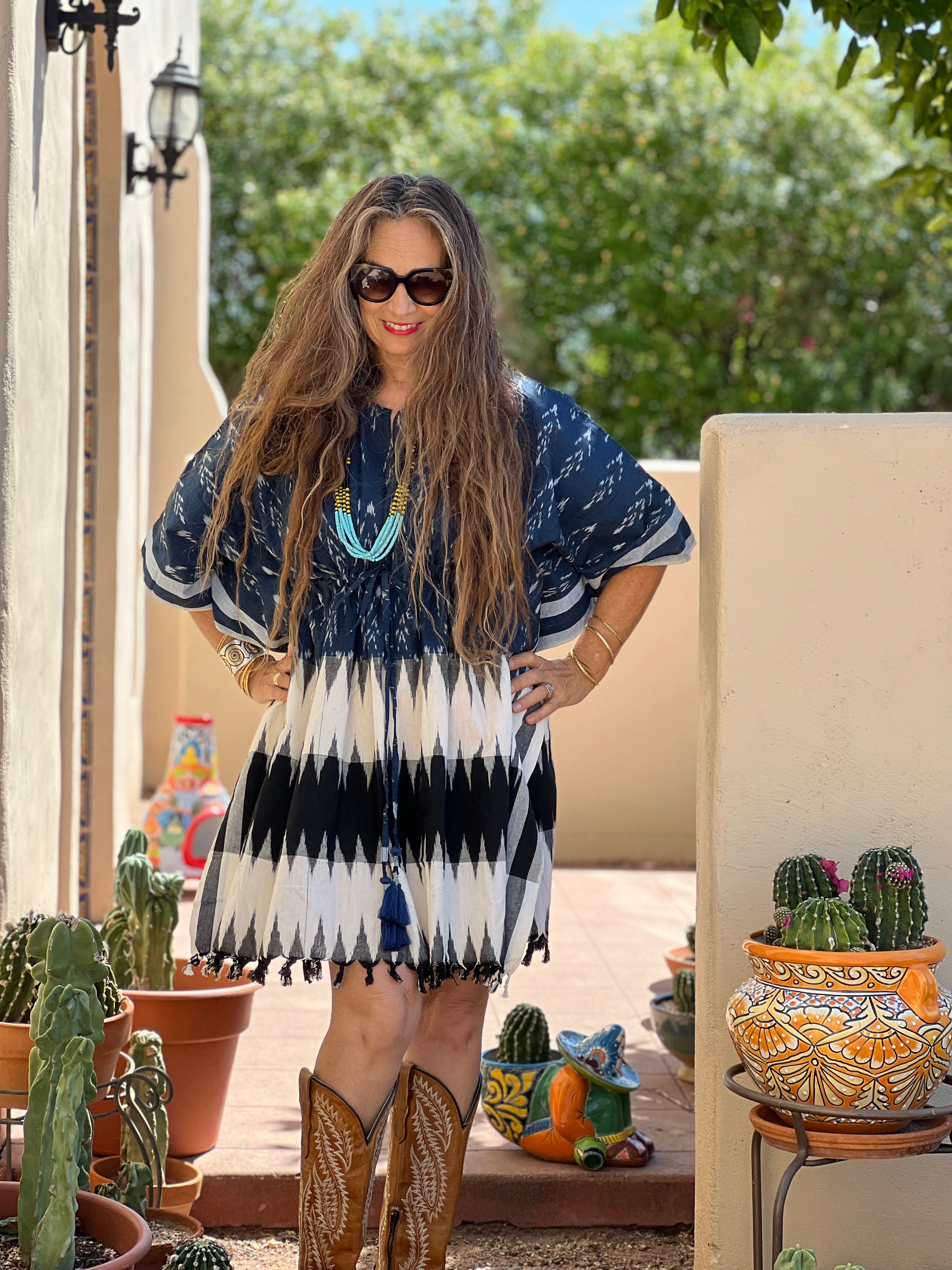 Bernalillo Cotton Ikat Kaftan Dress Handwoven One of a Kind