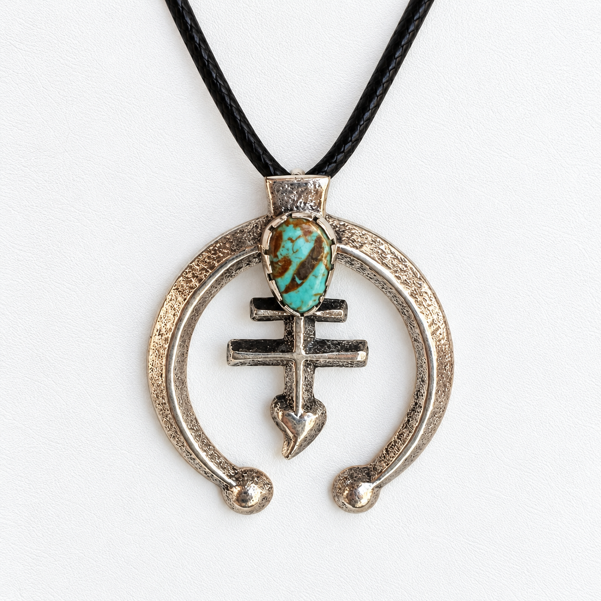 Navajo Pueblo Cross Silver and Kingman Turquoise Pendant Necklace