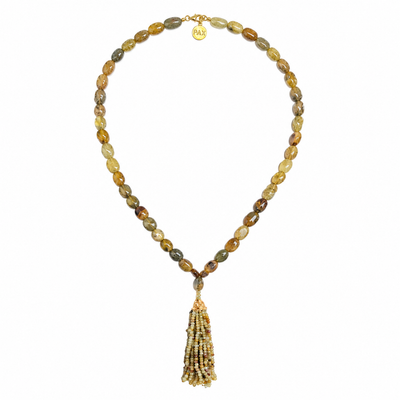 Grossular Green Garnet Oval Tassel Mala Necklace
