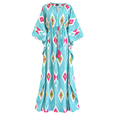 Tashkent Turquoise Italian Silk Maxi Kaftan Dress