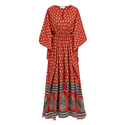 Red Pompeii Paisley Mid Calf Kaftan Dress Natural Dyes