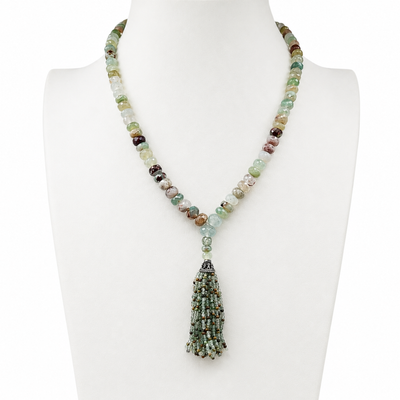 Faceted Aqua Chalcedony Tassel Mini Mala Necklace