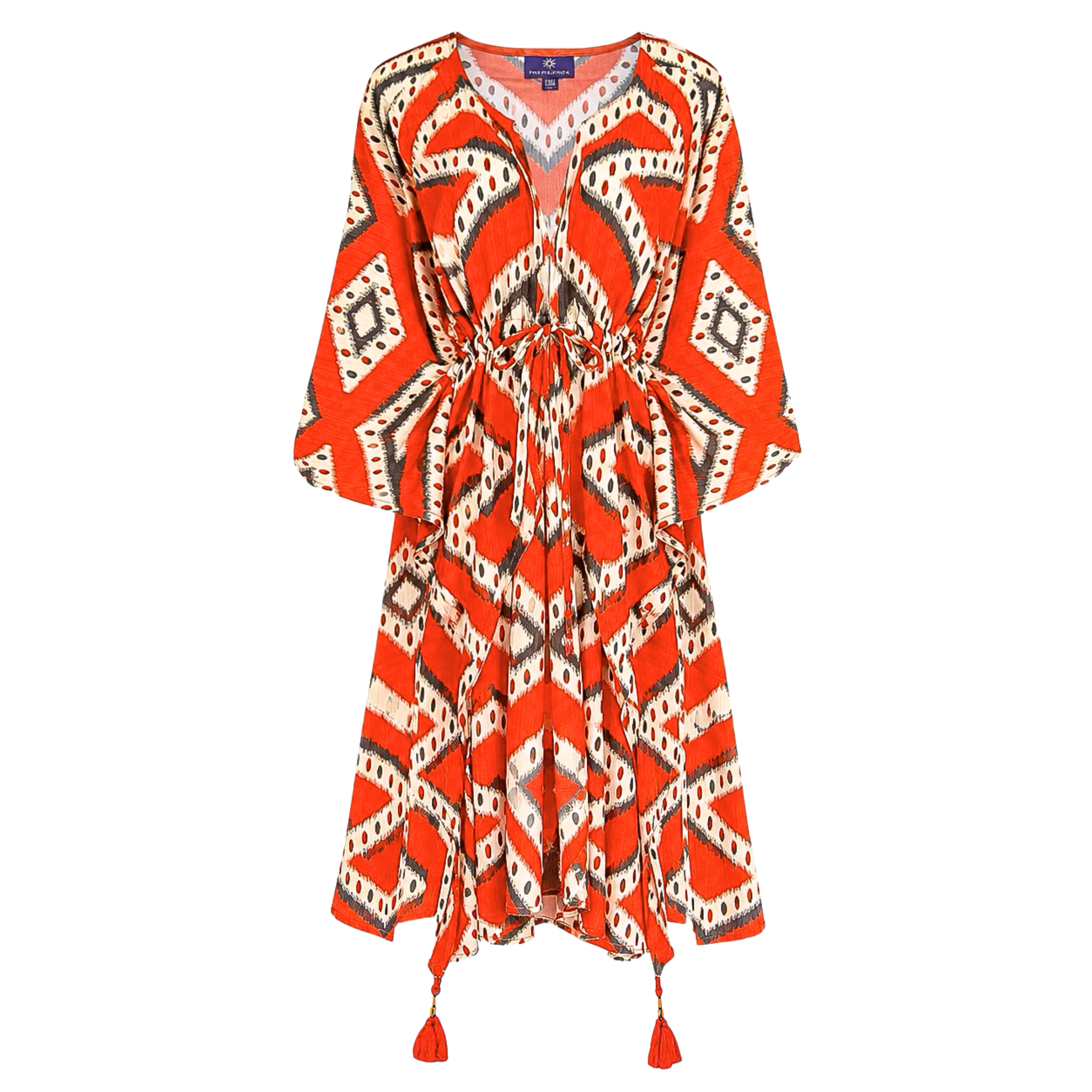 Bukhara Coral Ikat Italian Silk Midi Kaftan Dress
