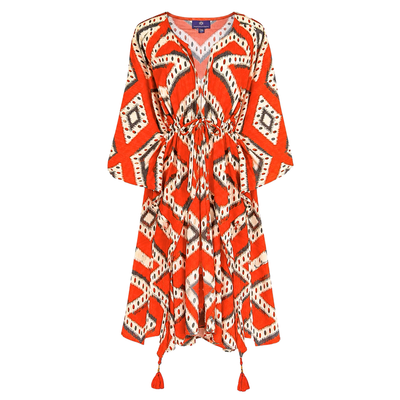 Bukhara Coral Ikat Italian Silk Midi Kaftan Dress