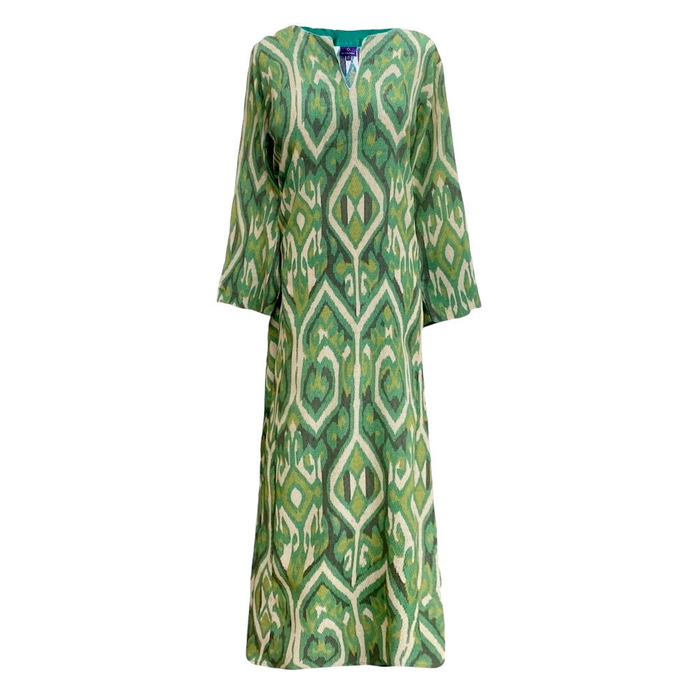 Gallipoli Green Ikat Italian Silk Long Tunic Dress On Back Order 6-8 Weeks