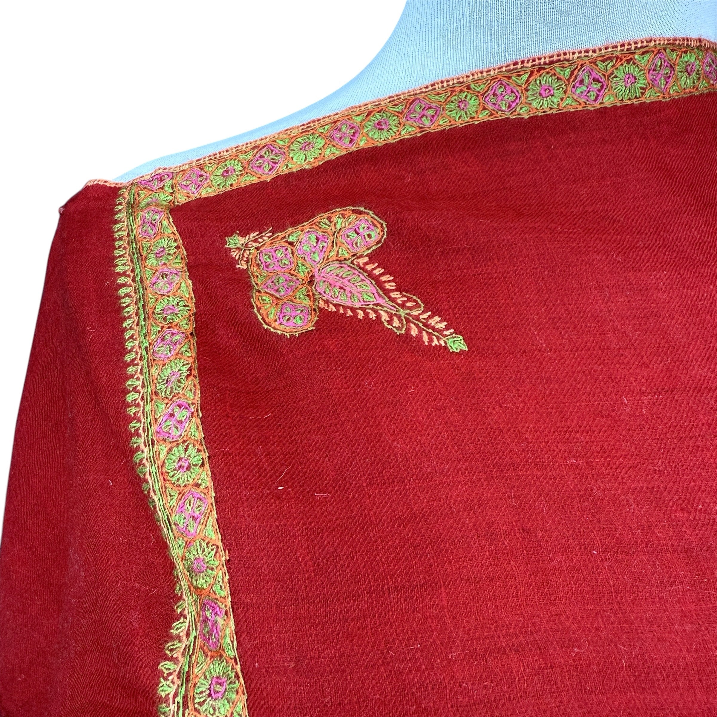 Tomato Red Hand Embroidered Pashmina Shawl One of a Kind