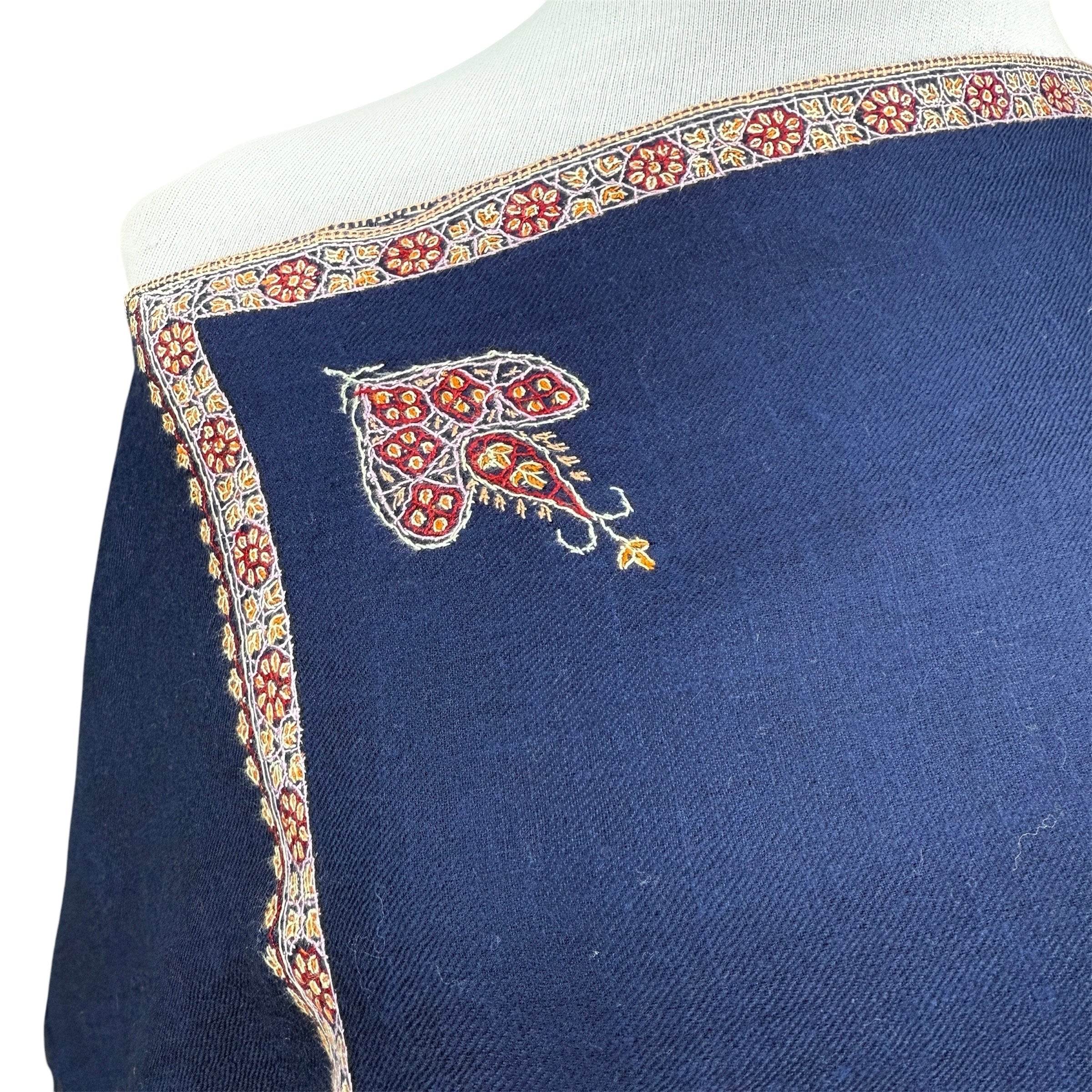 Navy Blue Hand Embroidered Pashmina Shawl One of a Kind