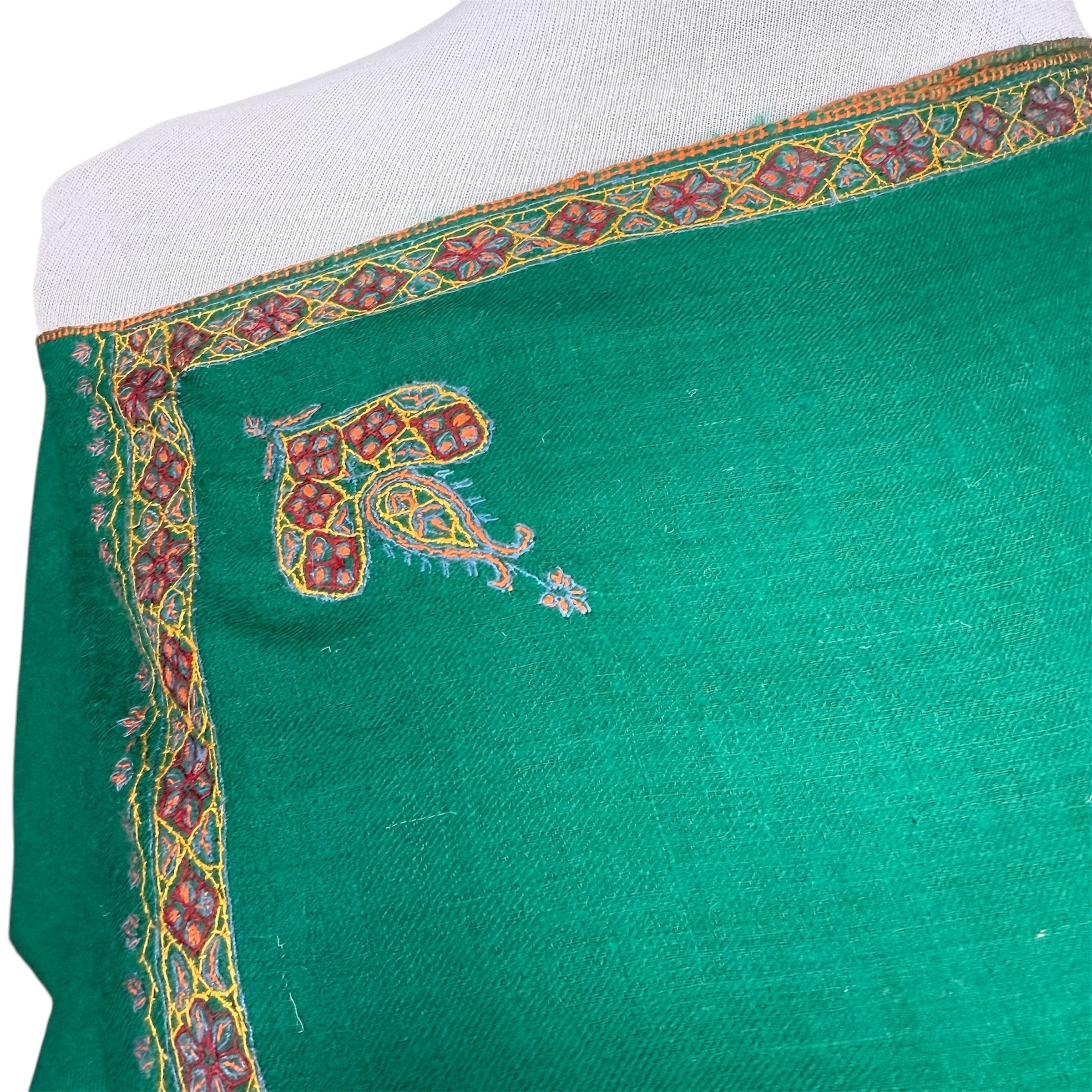 Sea Green Hand Embroidered Pashmina Shawl One of a Kind