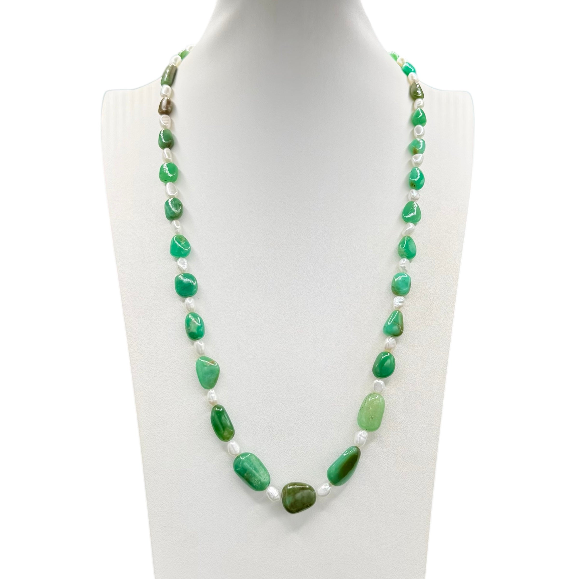 Rare Chrysoprase Nugget and Pearl Necklace