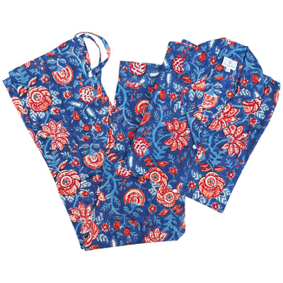 Bengaluru Blue Cotton Floral Pajamas Hand Printed