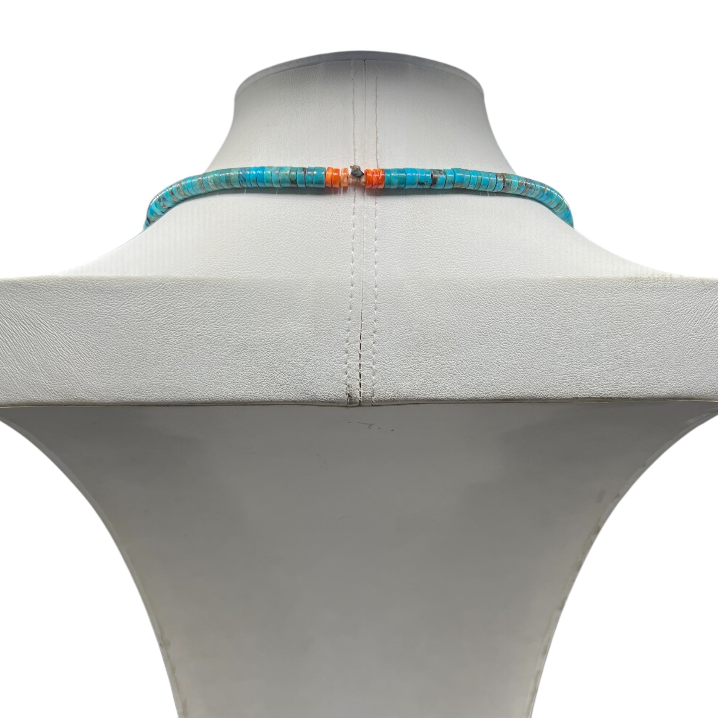 Orange and Red Spiny Oyster, Turquoise, and Silver Kokopelli Necklace Santo Domingo