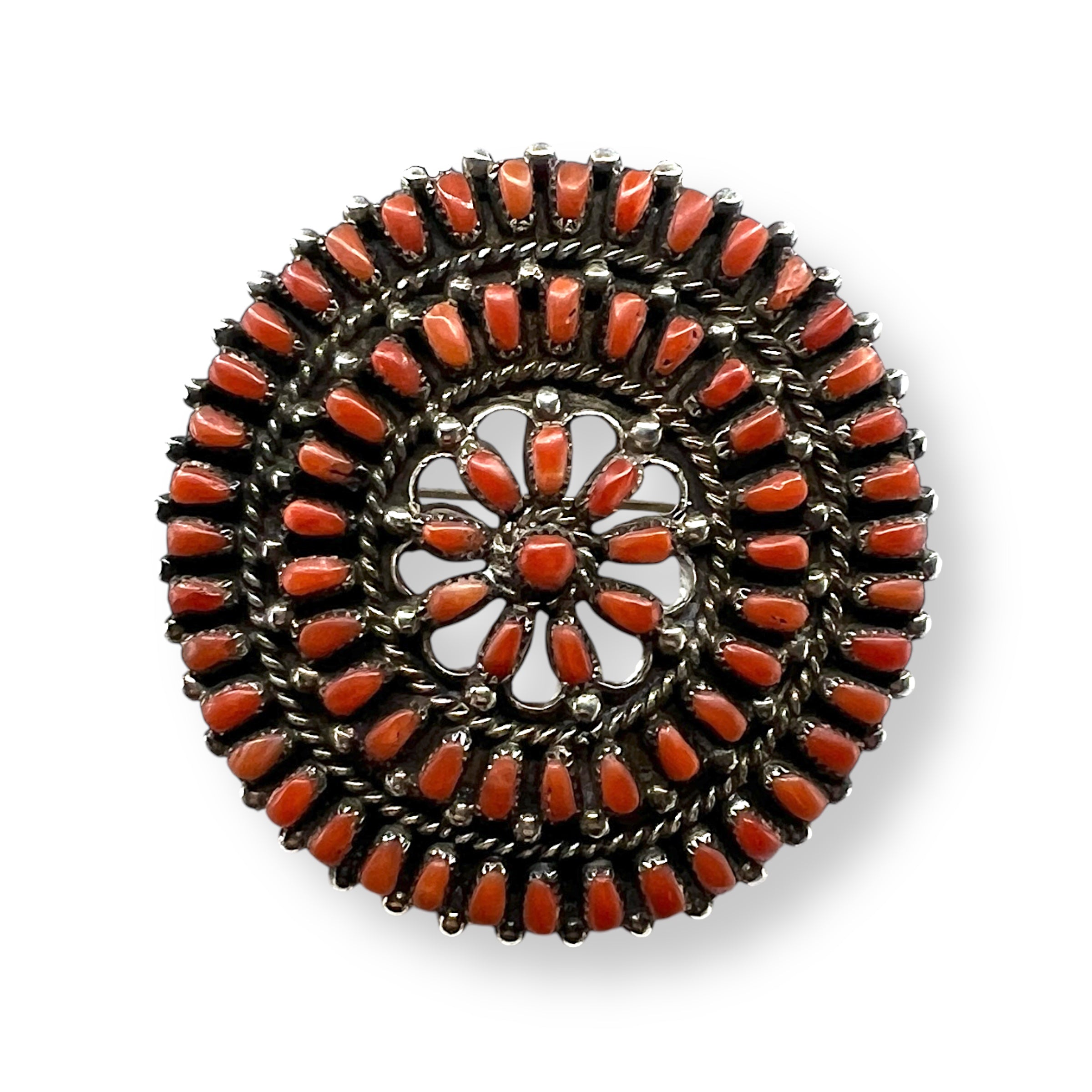 Rare Vintage Zuni Coral Petit Point and Sterling Sliver Pendant Necklace