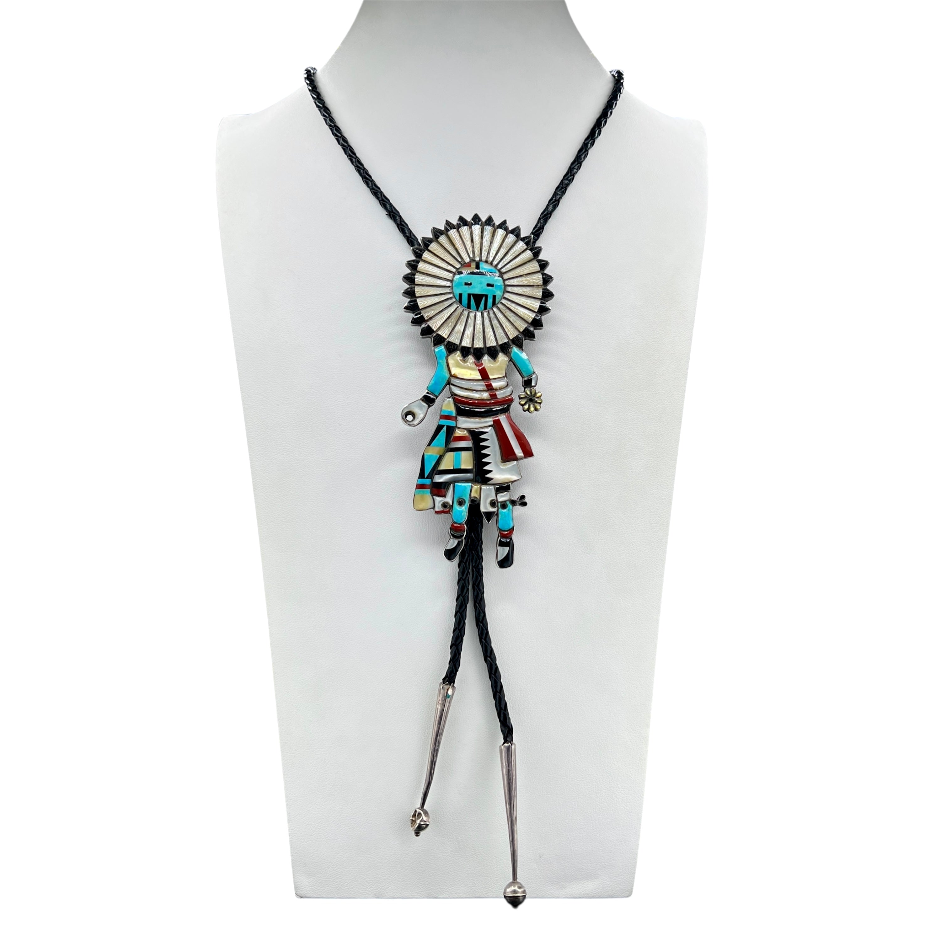 Vintage Zuni Dancing Kachina Turquoise, Coral, Onyx, and Mother of Pearl Bolo Tie