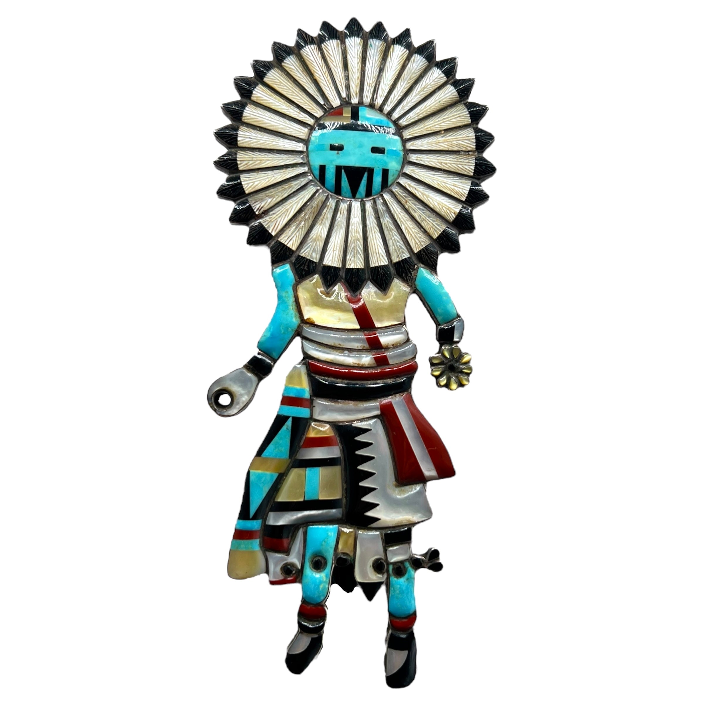 Vintage Zuni Dancing Kachina Turquoise, Coral, Onyx, and Mother of Pearl Bolo Tie