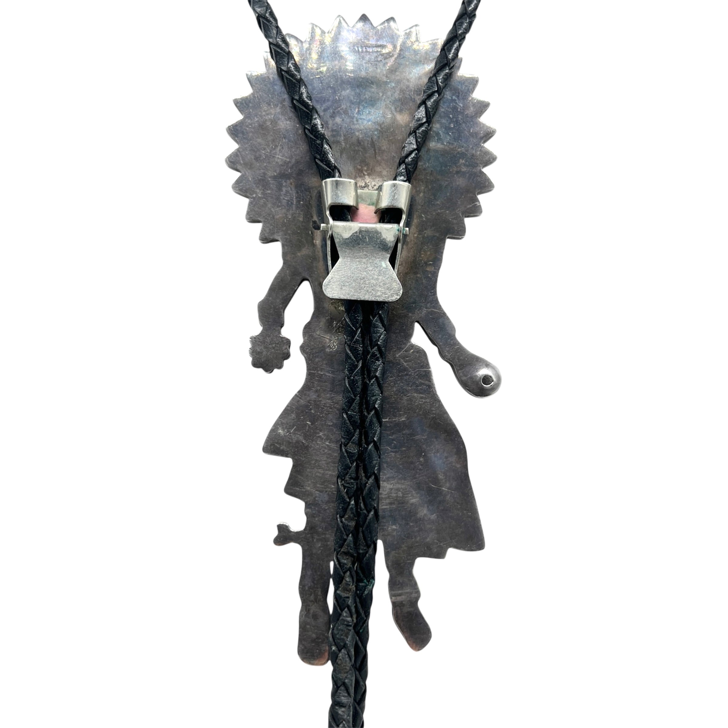 Vintage Zuni Dancing Kachina Turquoise, Coral, Onyx, and Mother of Pearl Bolo Tie