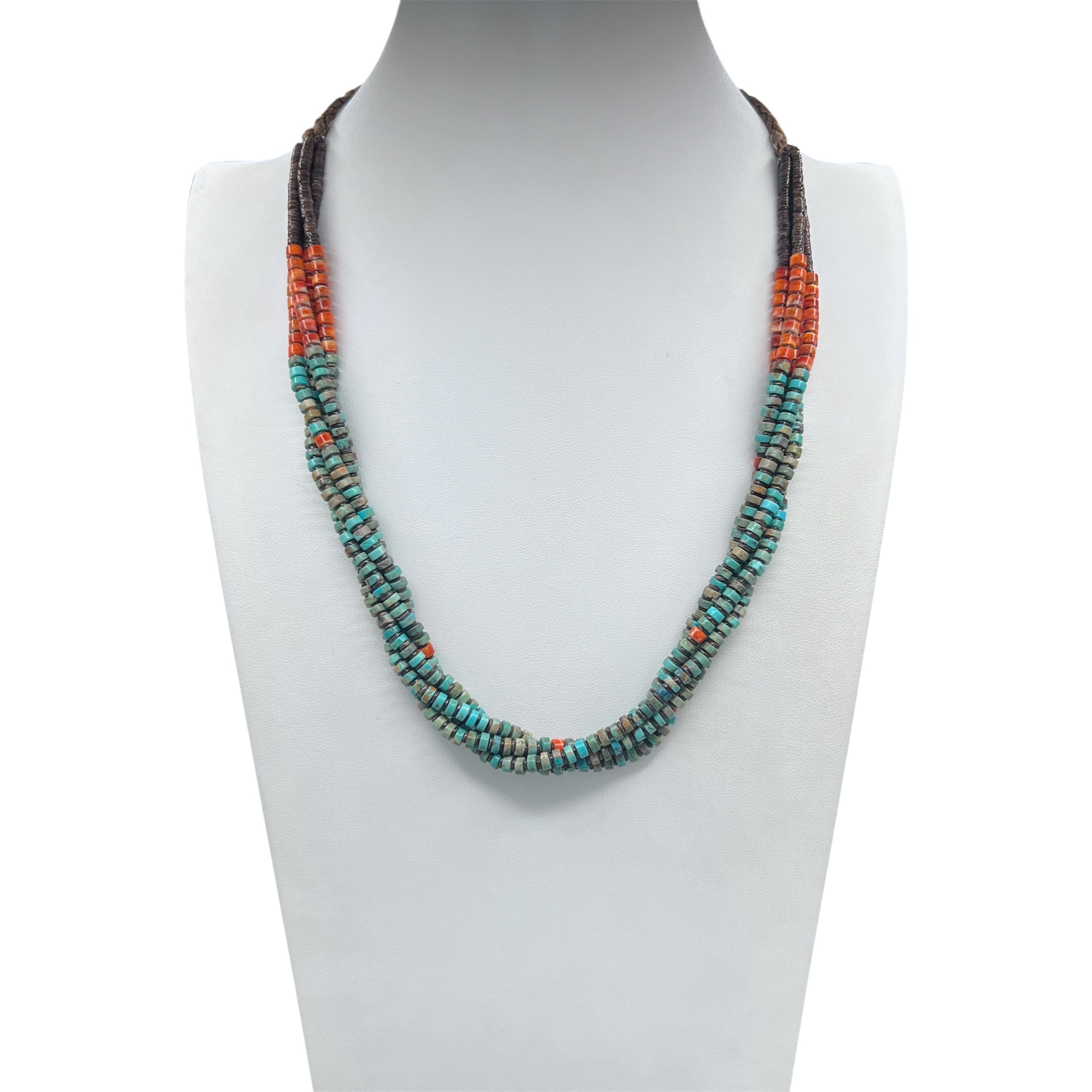 Nevada Green Turquoise with Orange Spiny Oyster, Baby Olive and Heishi Shell Necklace Santo Domingo
