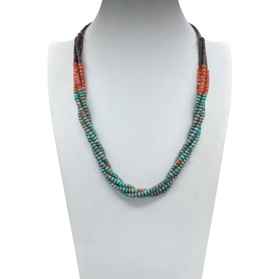 Nevada Green Turquoise with Orange Spiny Oyster, Baby Olive and Heishi Shell Necklace Santo Domingo