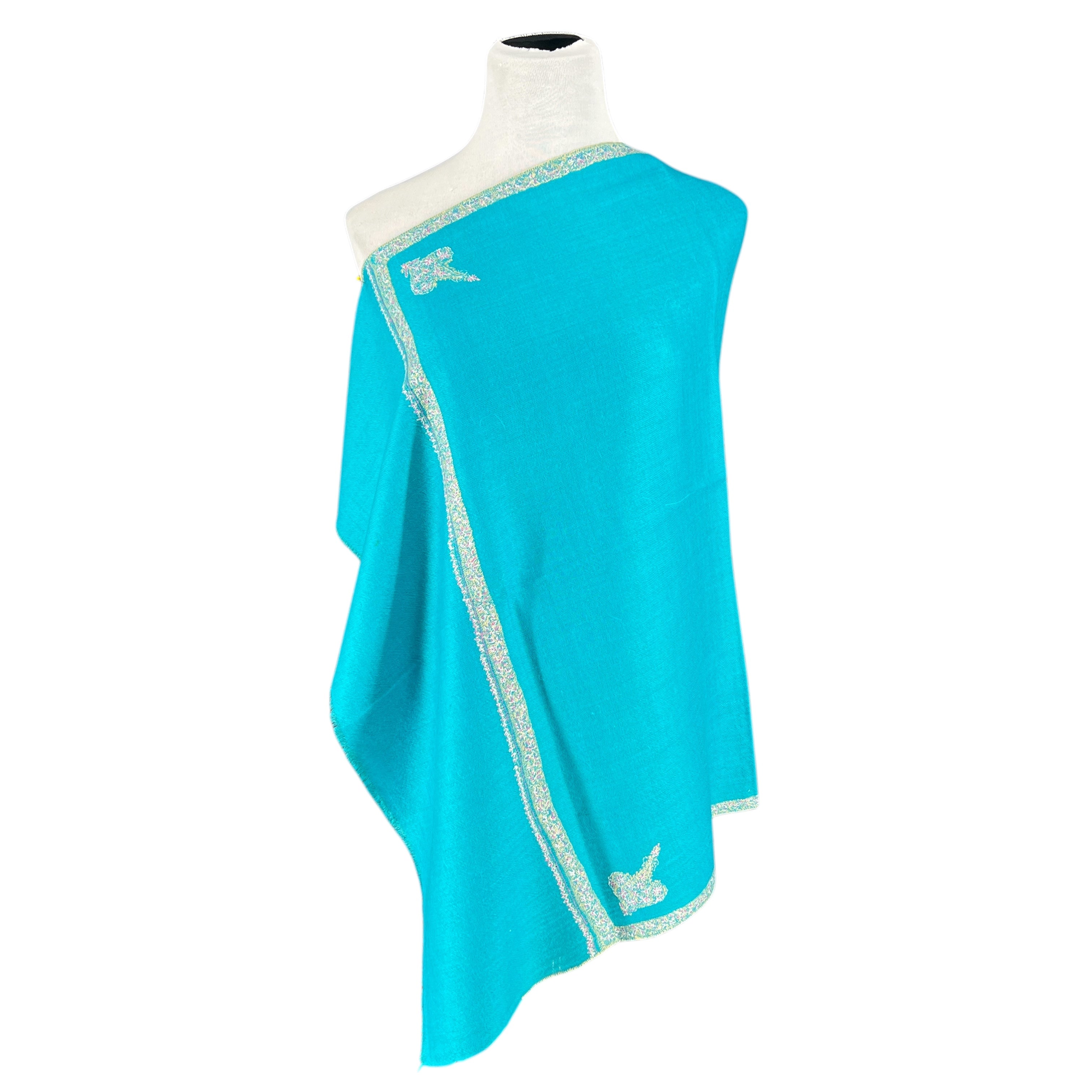Turquoise Hand Embroidered Pashmina Shawl One of a Kind