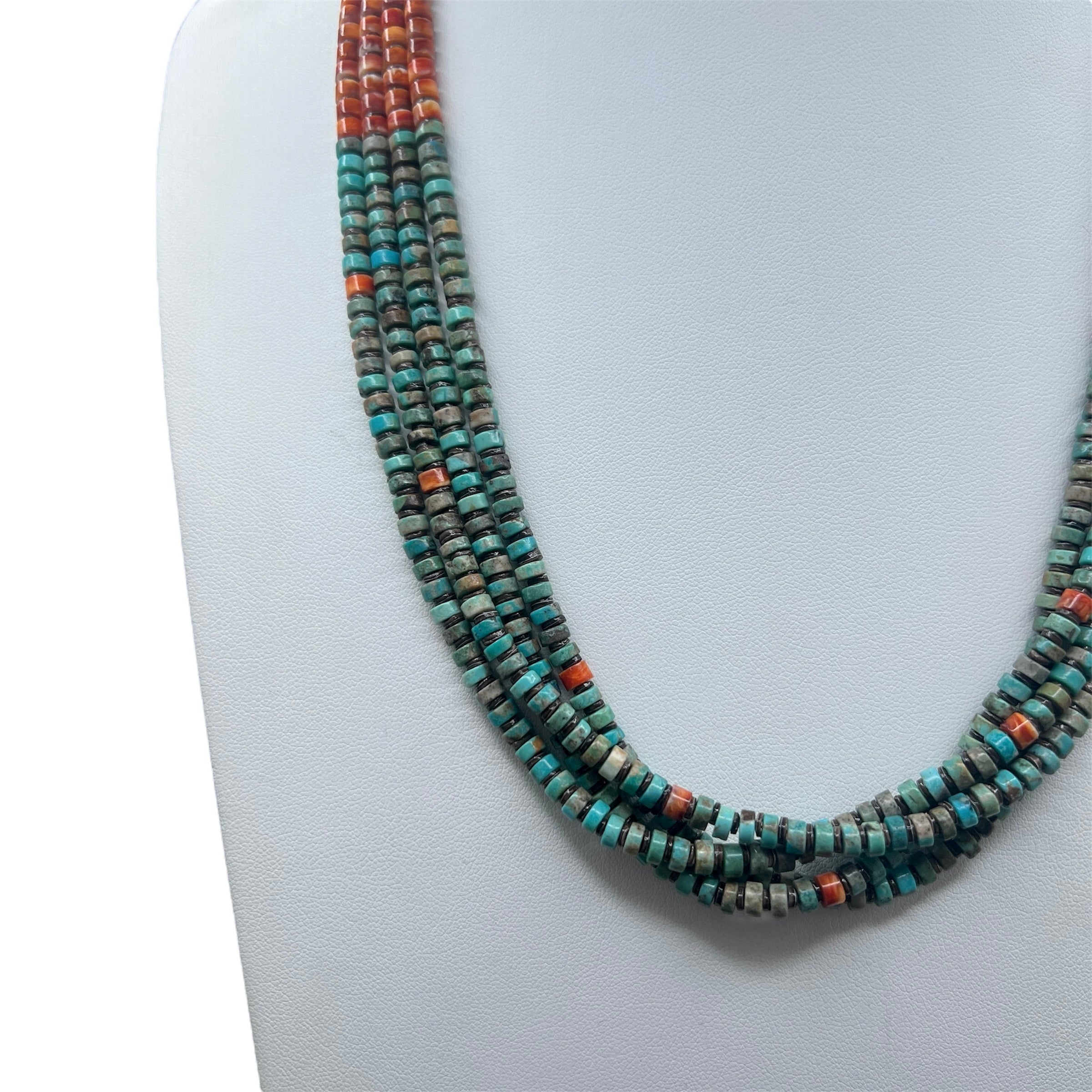 Nevada Green Turquoise with Orange Spiny Oyster, Baby Olive and Heishi Shell Necklace Santo Domingo