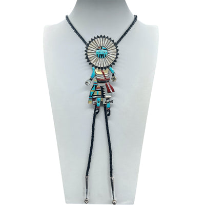 Vintage Zuni Dancing Kachina Turquoise, Coral, Onyx, and Mother of Pearl Bolo Tie