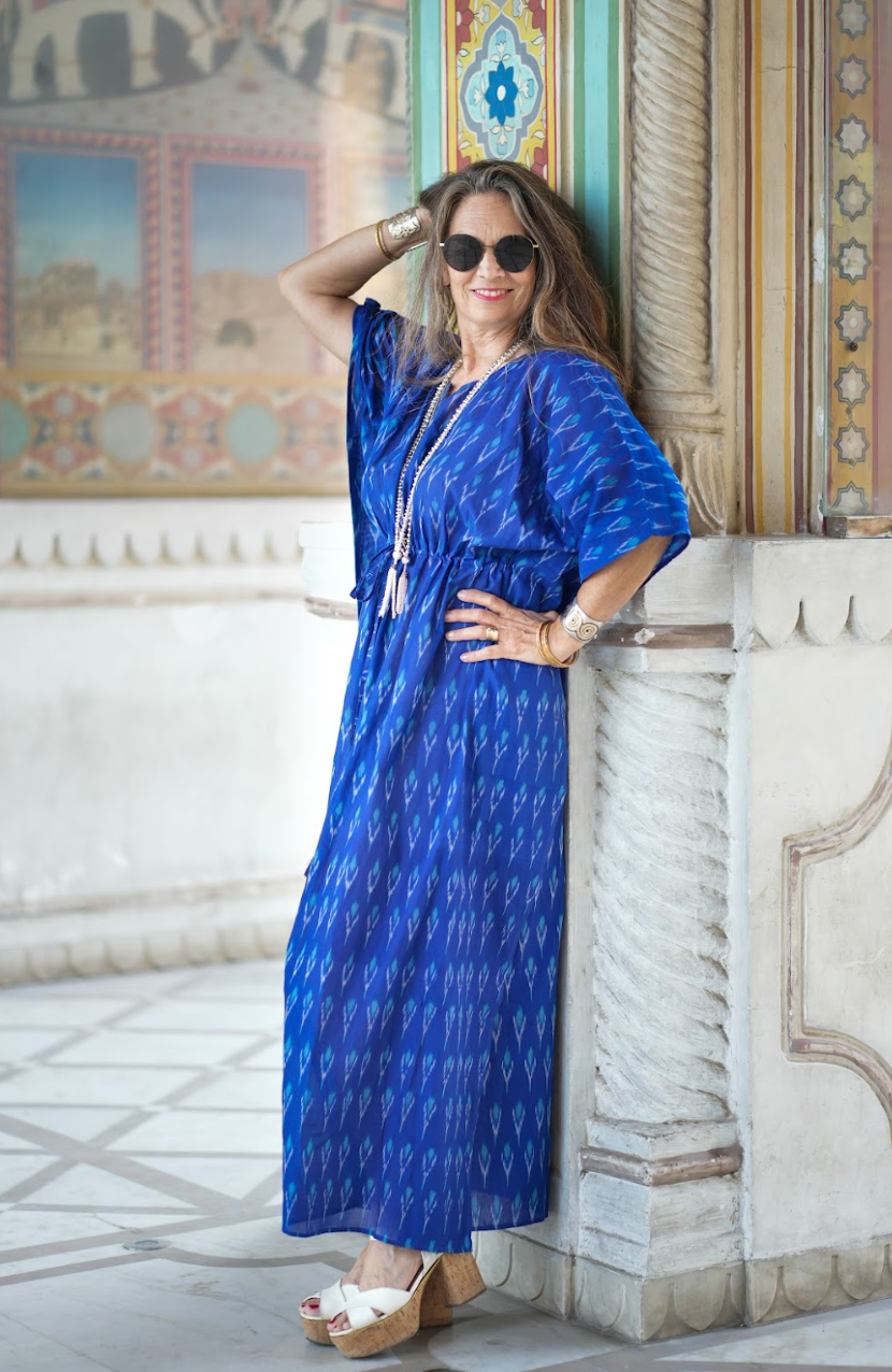 Brindisi Blue Handwoven Cotton Ikat Maxi Kaftan Dress Final Sale