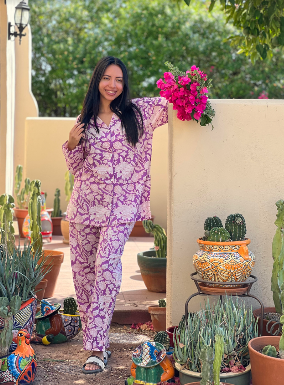 Laura Purple Floral Long Sleeve Pajamas Hand Printed