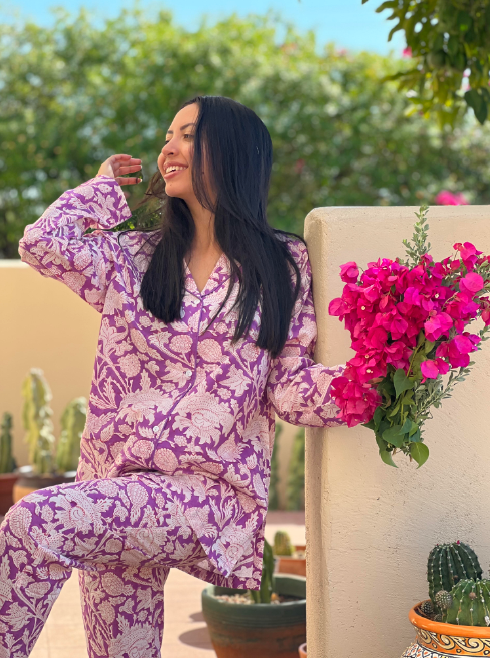 Laura Purple Floral Long Sleeve Pajamas Hand Printed
