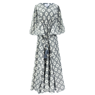 Silver Grey Cotton Ikat Maxi Kaftan Dress Hand Woven One of a Kind