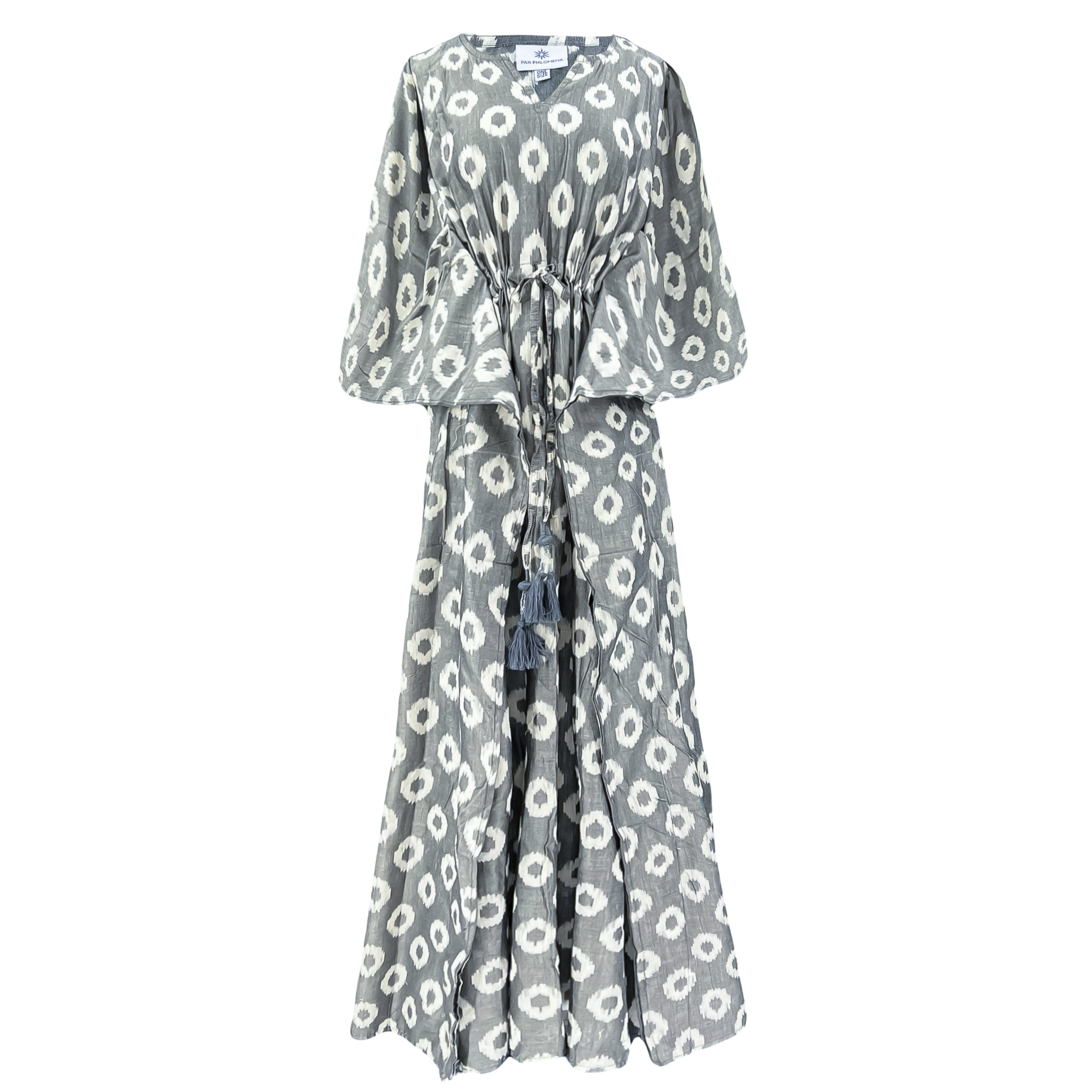 Silver Grey Cotton Ikat Maxi Kaftan Dress Hand Woven One of a Kind