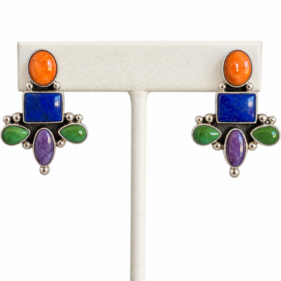 Royston Turquoise, Lapis, Orange Spiny Oyster and Silver Multi stone Earrings Navajo
