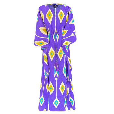 Tashkent Purple Ikat Italian Silk Maxi Kaftan