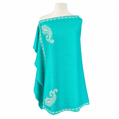 Caribbean Turquoise Kashmiri Pashmina Embroidered Shawl