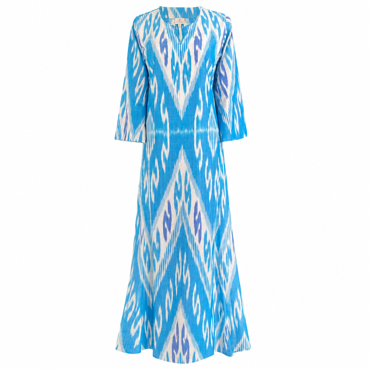 Termez Turquoise Cotton Ikat Long Tunic Dress One of a Kind
