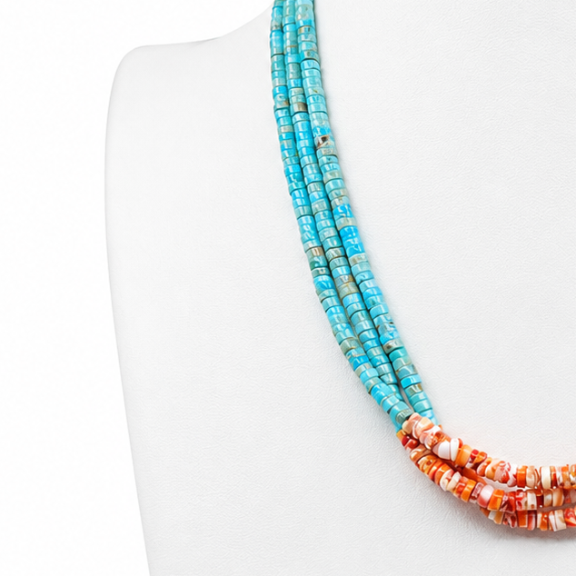 Turquoise, Orange Spiny Oyster, and Heishi Santo Domingo Necklace