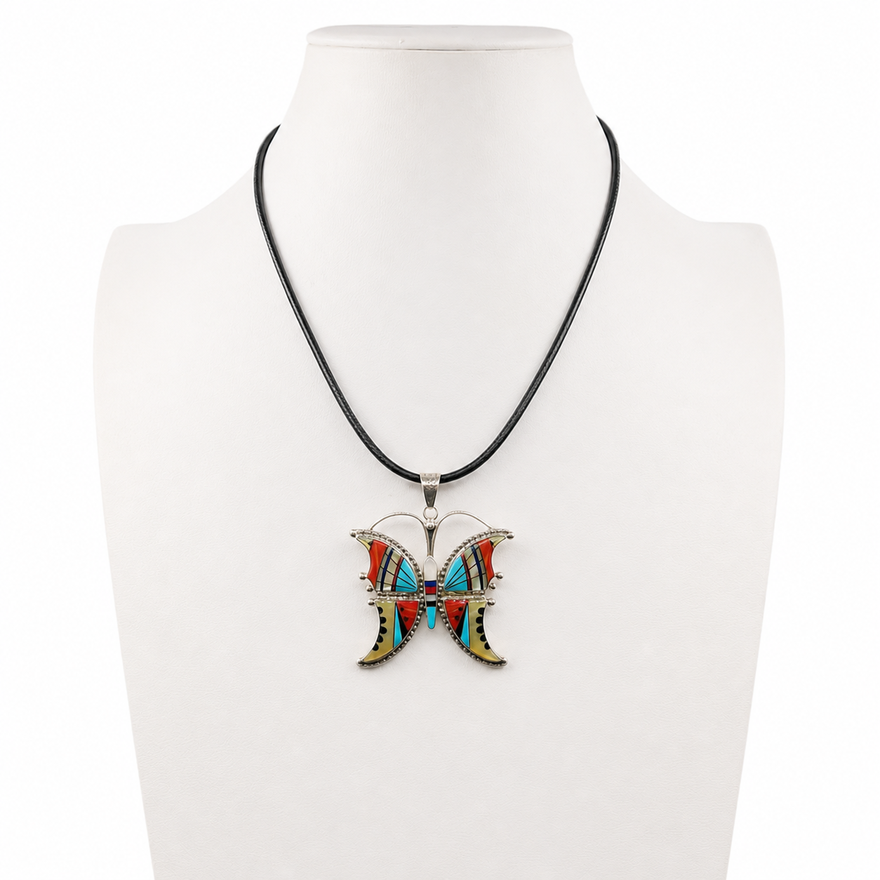 Vintage Zuni Inlay Butterfly Pendant Sterling Silver, Turquoise, Coral, MOP
