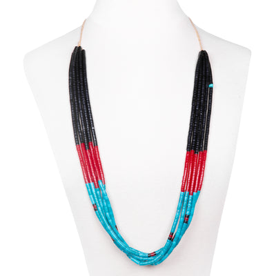 Jet, Turquoise and Coral Heishi Necklace Hand Made
