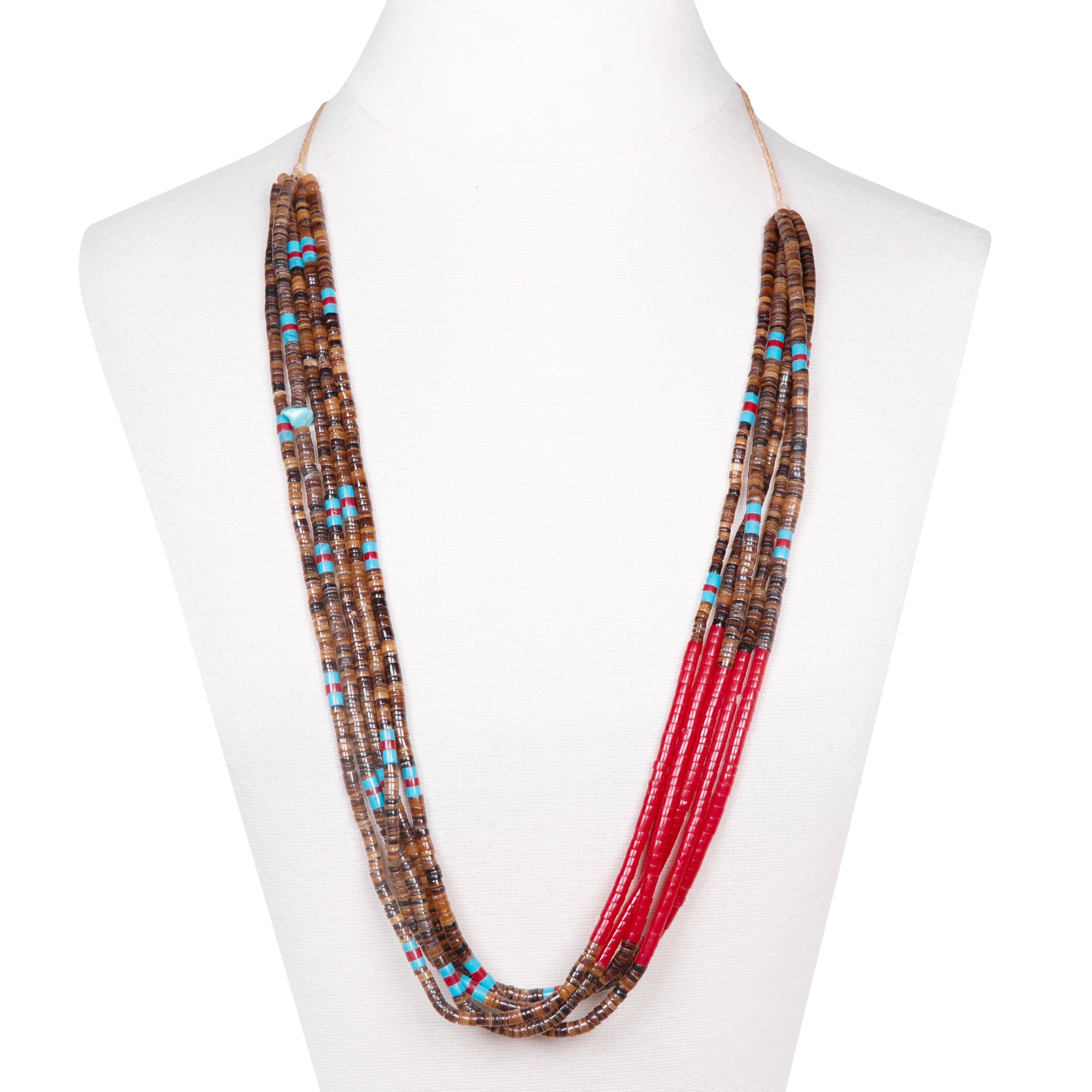 Tiger's Eye, Coral, and Turquoise Heishi Necklace