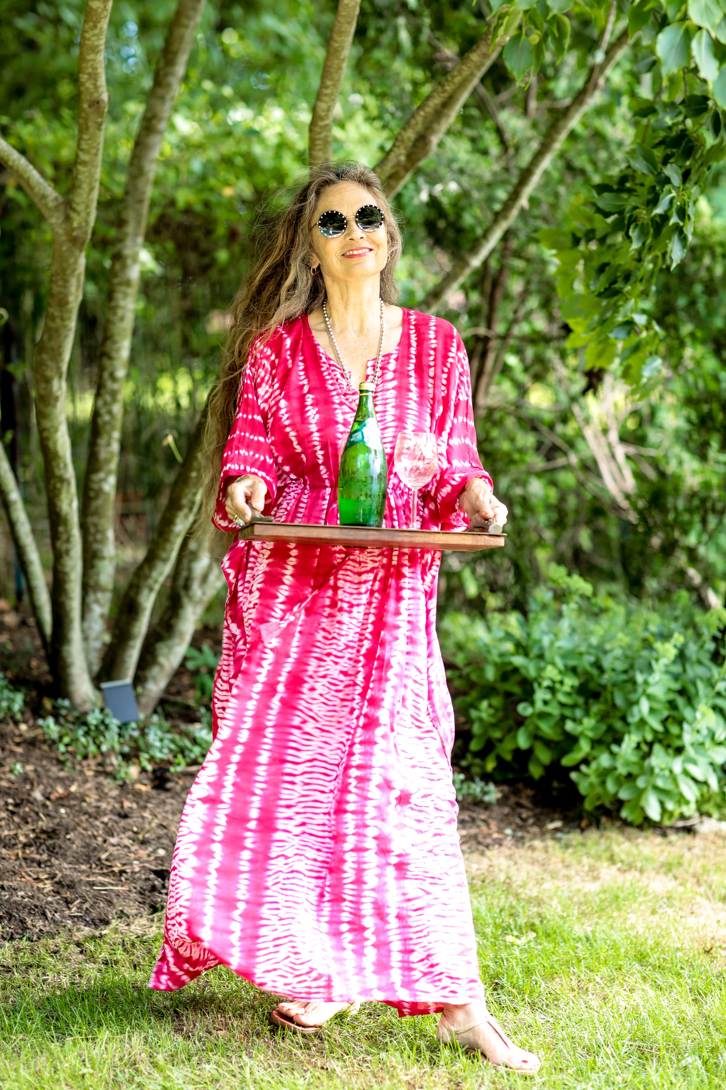 Peonia Pink Needle Shibori Maxi Kaftan Dress