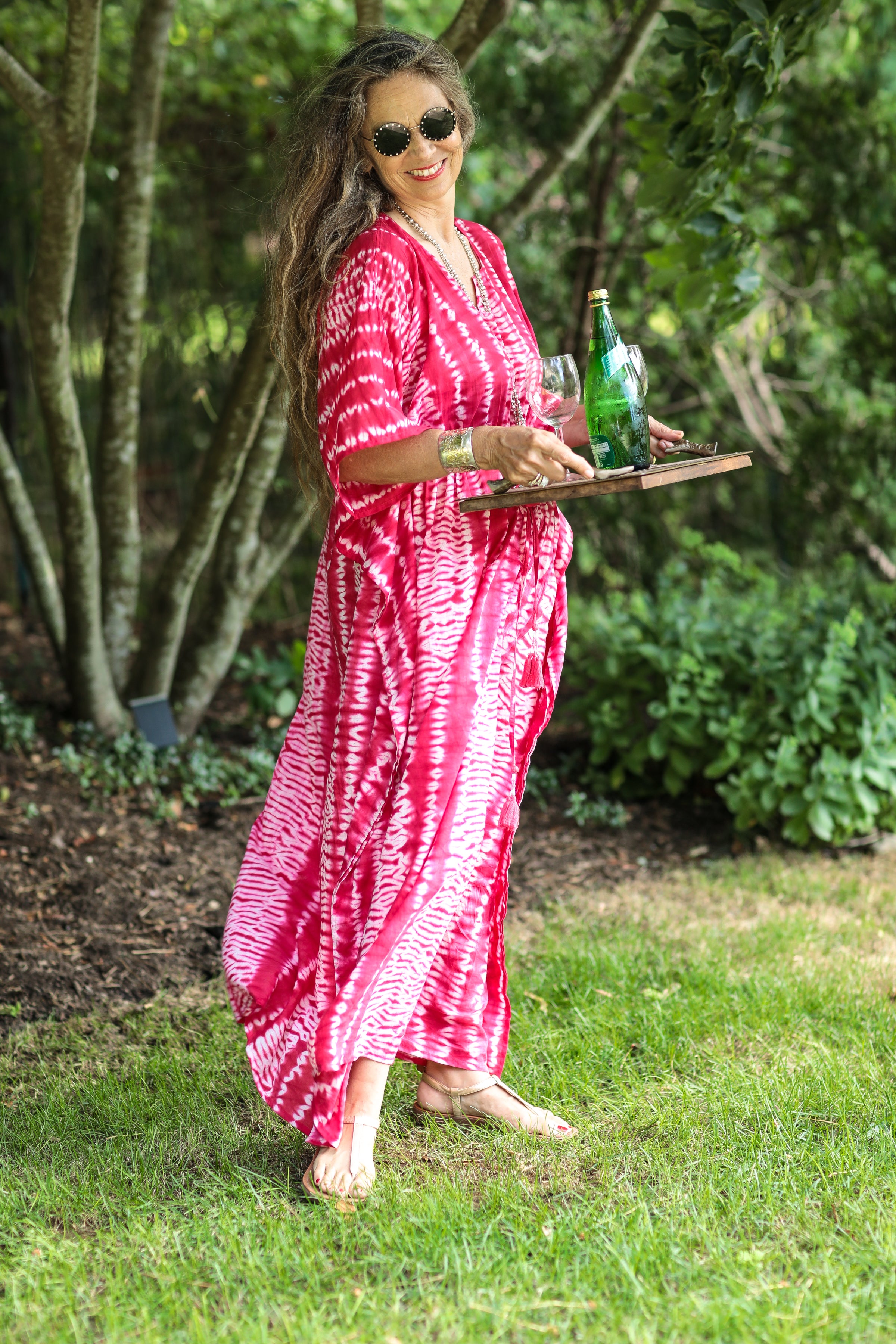 Peonia Pink Needle Shibori Maxi Kaftan Dress