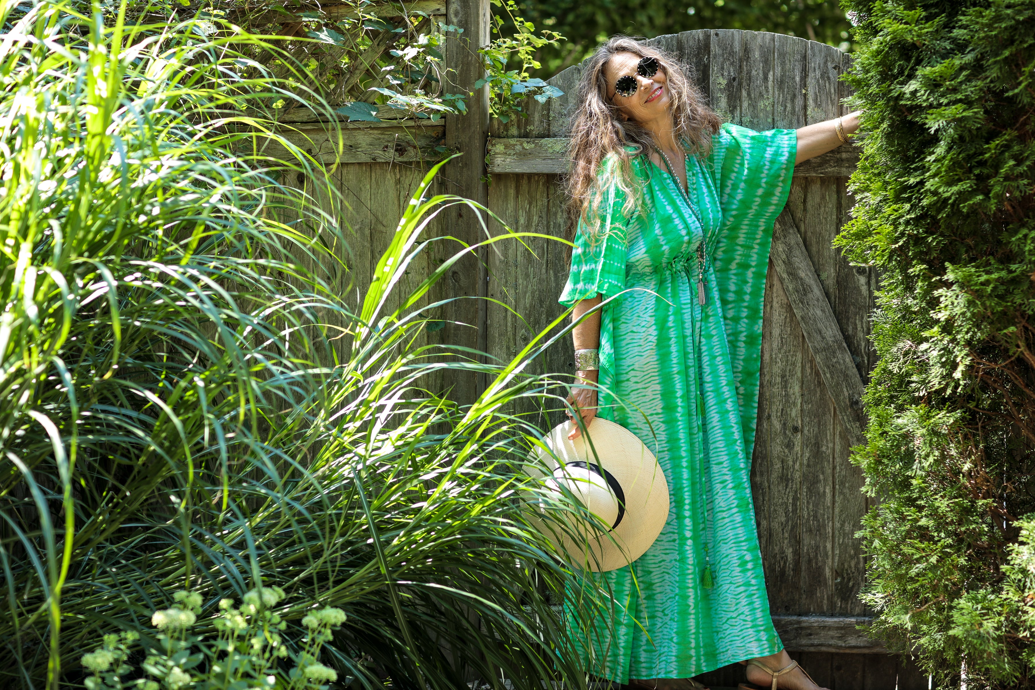 Galapagos Green Needle Shibori Maxi Kaftan Dress