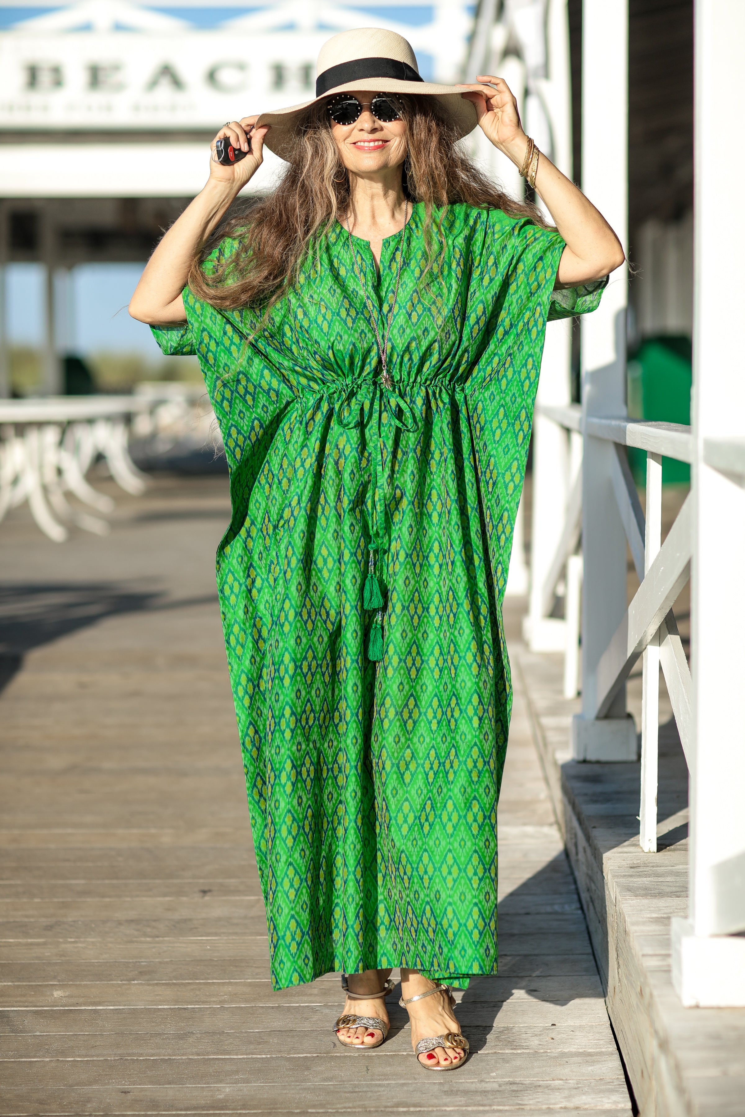 Olbia Emerald Green Silk Cotton Ikat Kaftan