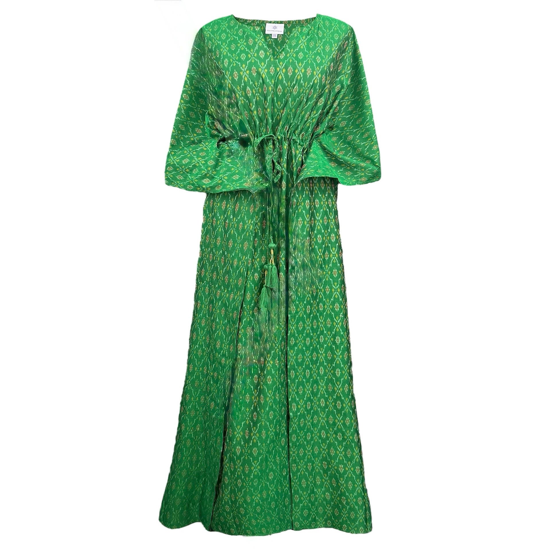 Govind Green Silk Cotton Ikat Maxi Kaftan Dress One of a Kind