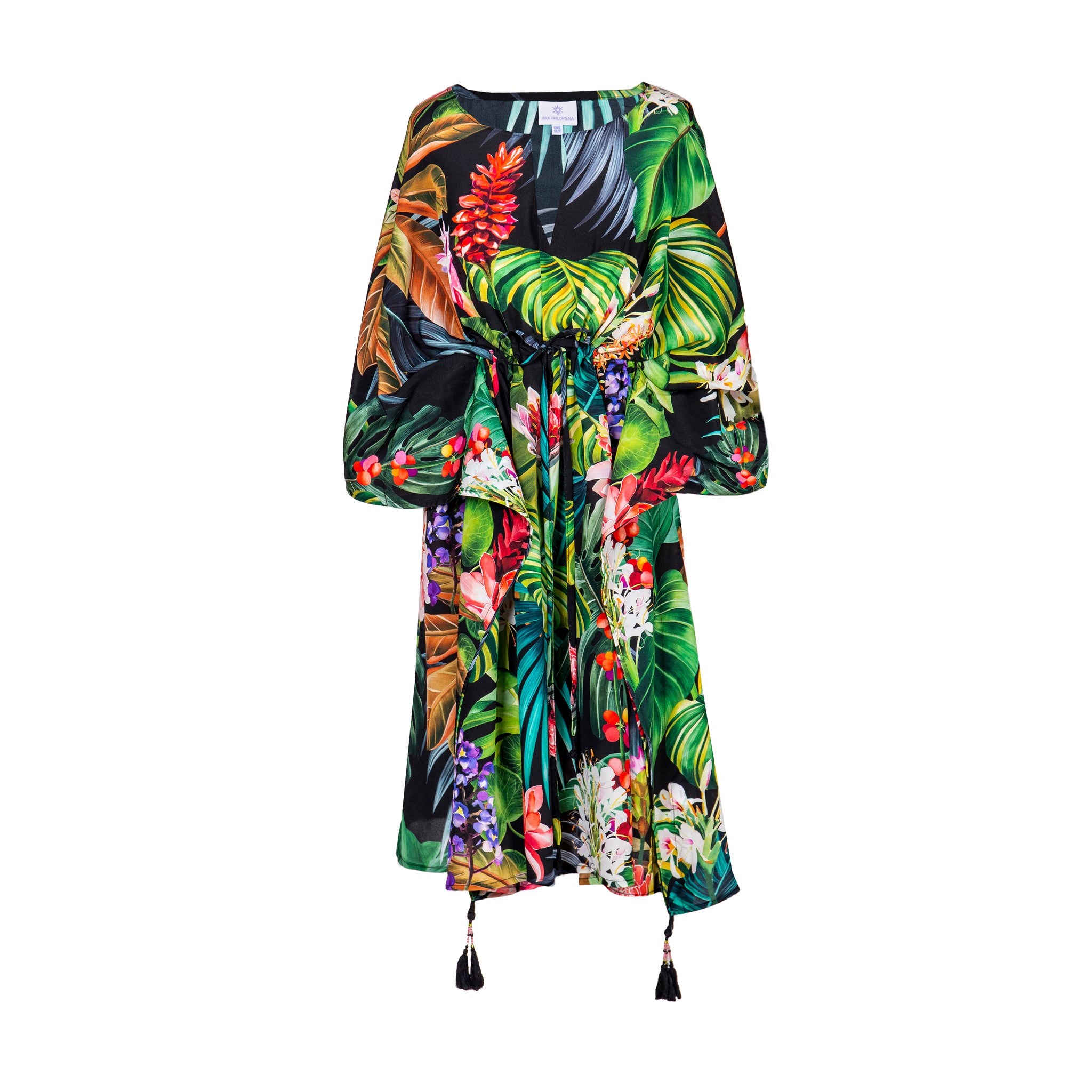 Black with Multicolor Botanical Kaftan Dress