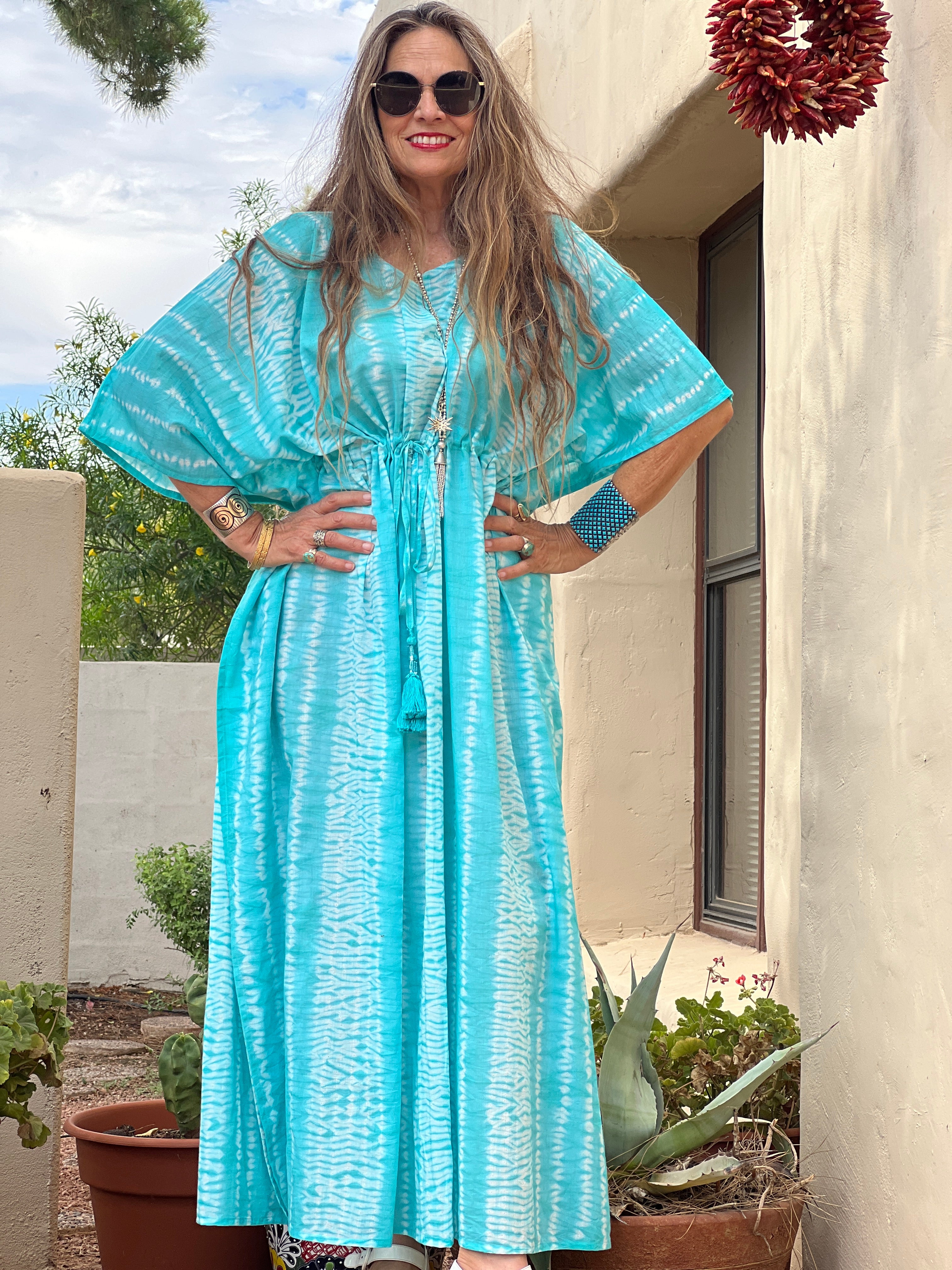 Tavolara Turquoise Needle Shibori Maxi Kaftan Dress