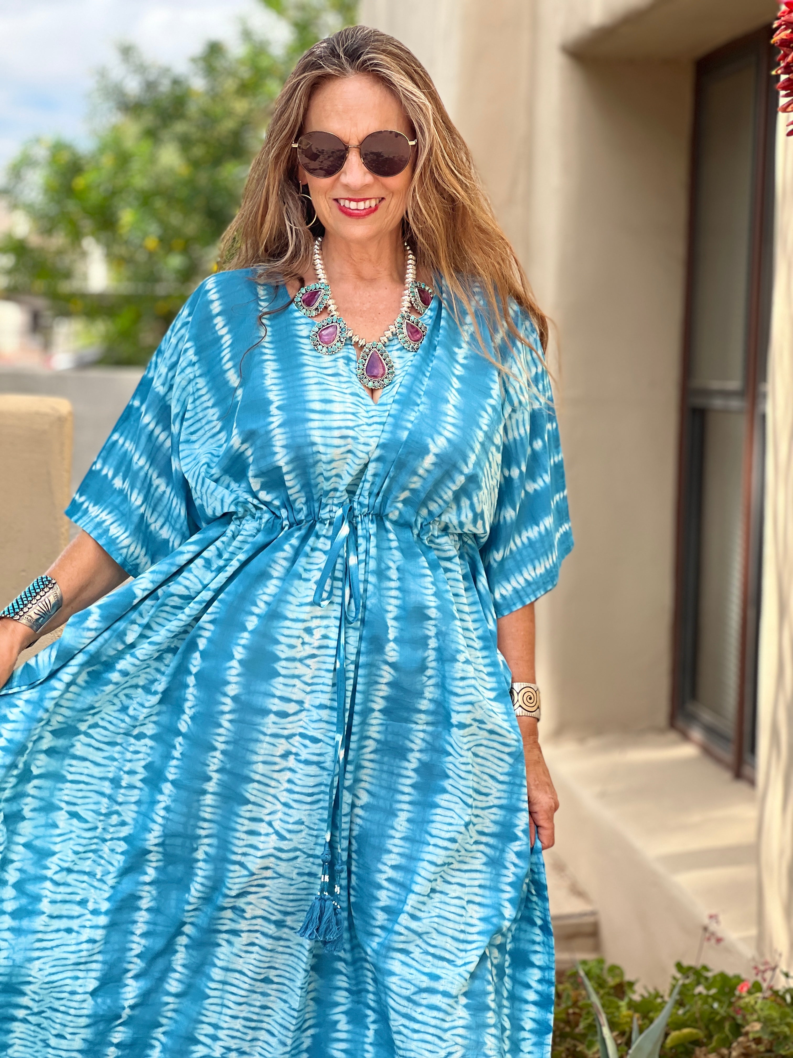 Corfu Teal Needle Shibori Maxi Kaftan Dress